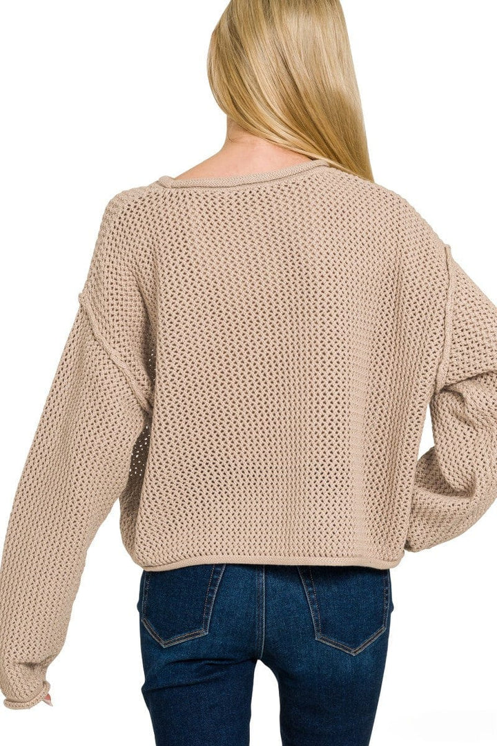 Zenana Textured Knit Rolled Edge Drop Shoulder Sweater