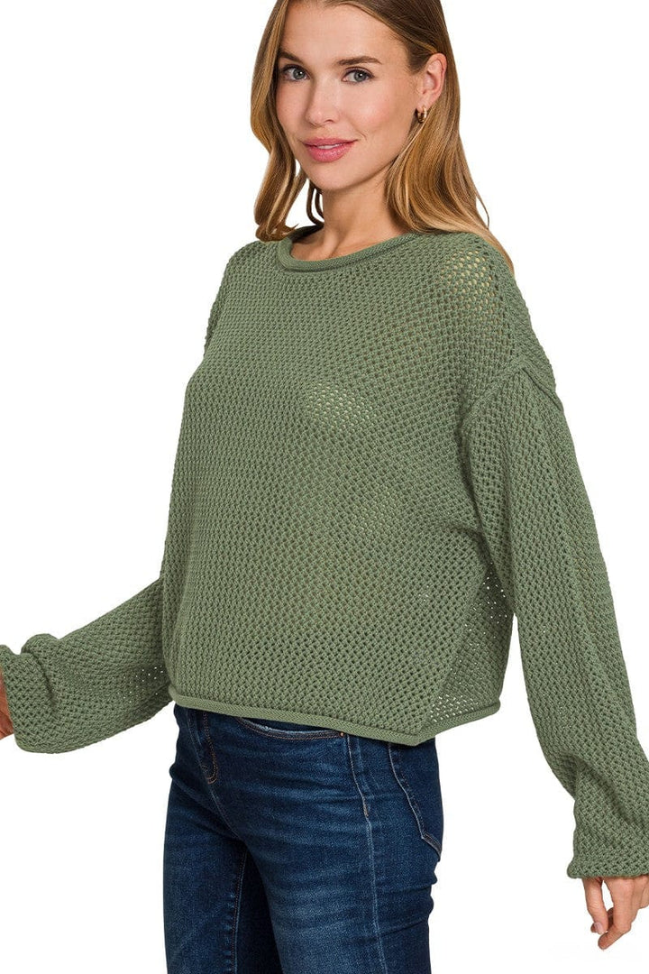 Zenana Textured Knit Rolled Edge Drop Shoulder Sweater