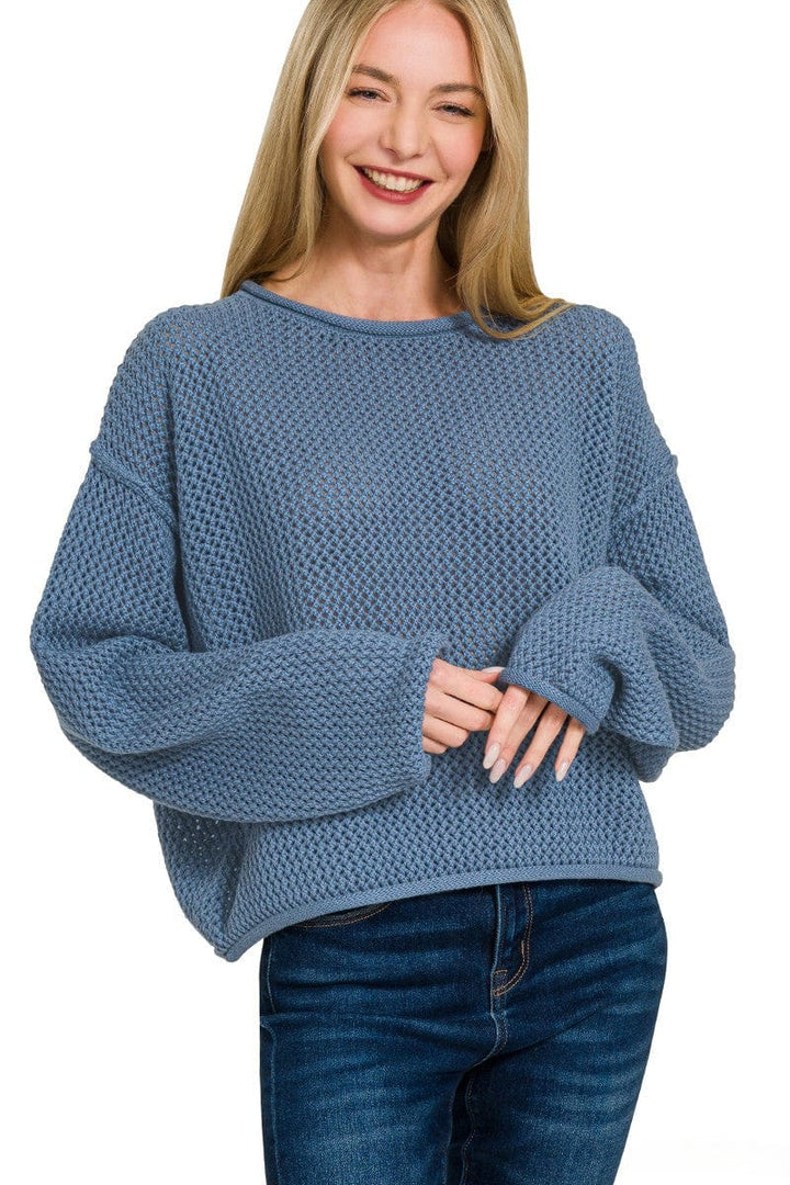 Zenana Textured Knit Rolled Edge Drop Shoulder Sweater