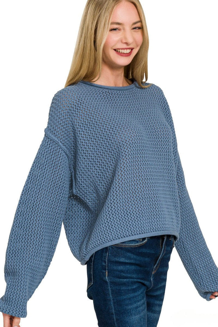 Zenana Textured Knit Rolled Edge Drop Shoulder Sweater