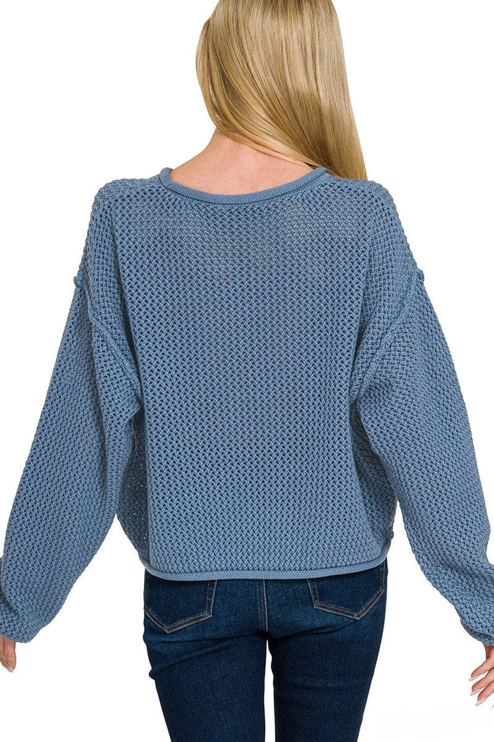 Zenana Textured Knit Rolled Edge Drop Shoulder Sweater