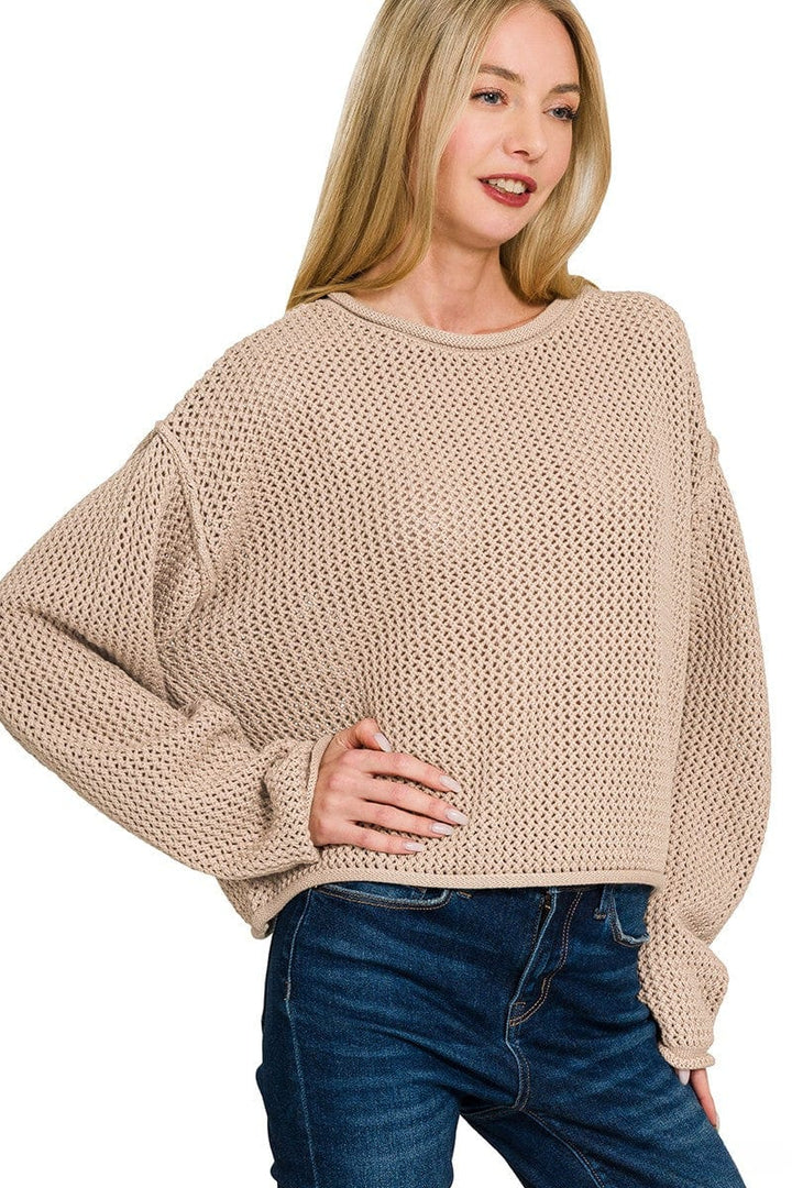 Zenana Textured Knit Rolled Edge Drop Shoulder Sweater
