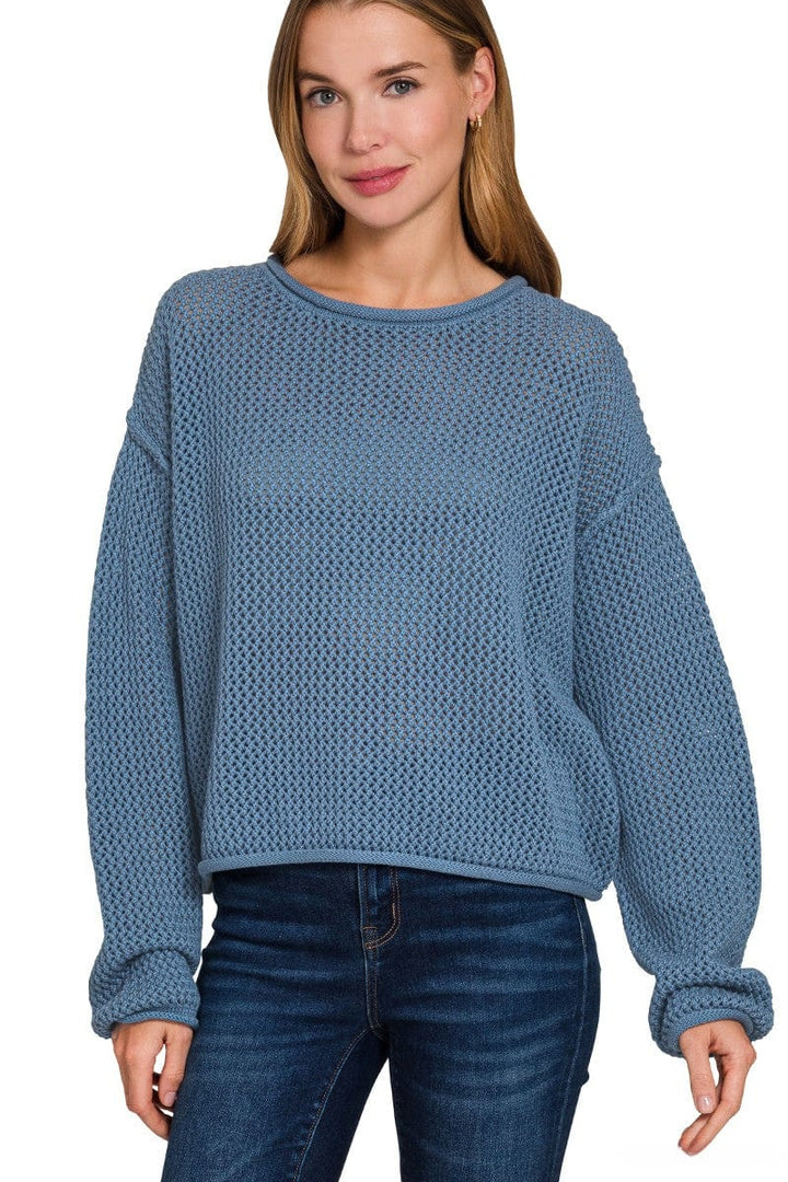 Zenana Textured Knit Rolled Edge Drop Shoulder Sweater