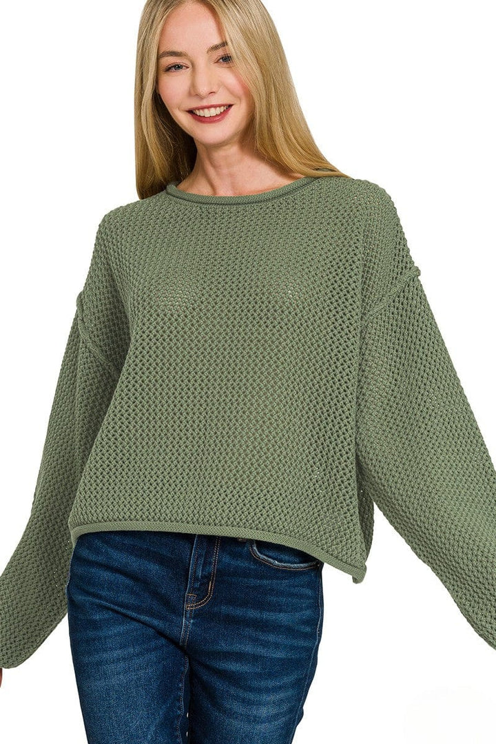 Zenana Textured Knit Rolled Edge Drop Shoulder Sweater