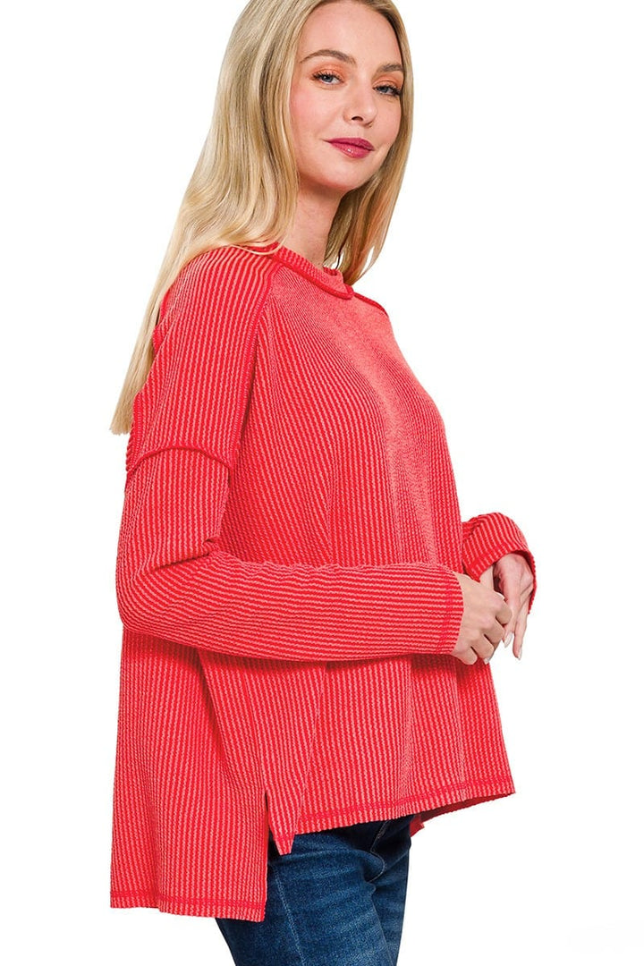 Zenana Textured Line Raw Edge Boat Neck Long Sleeve Top