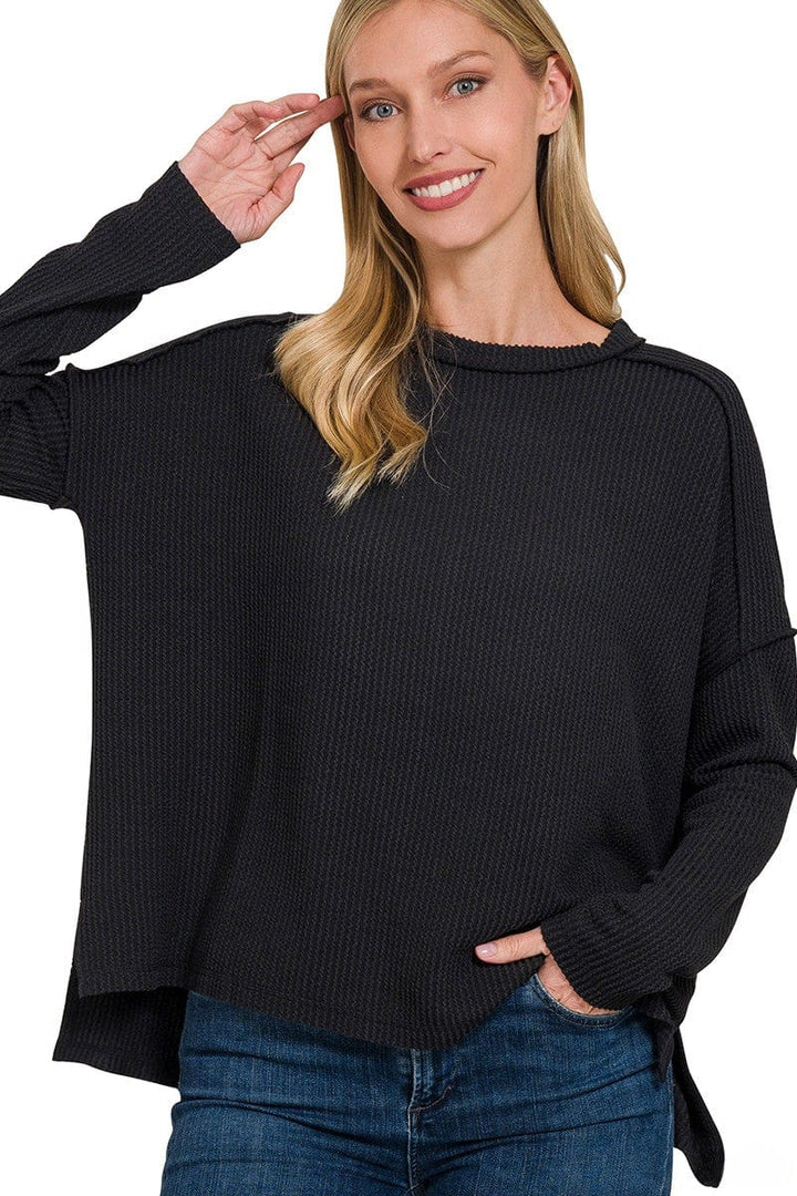 Zenana Textured Line Raw Edge Boat Neck Long Sleeve Top