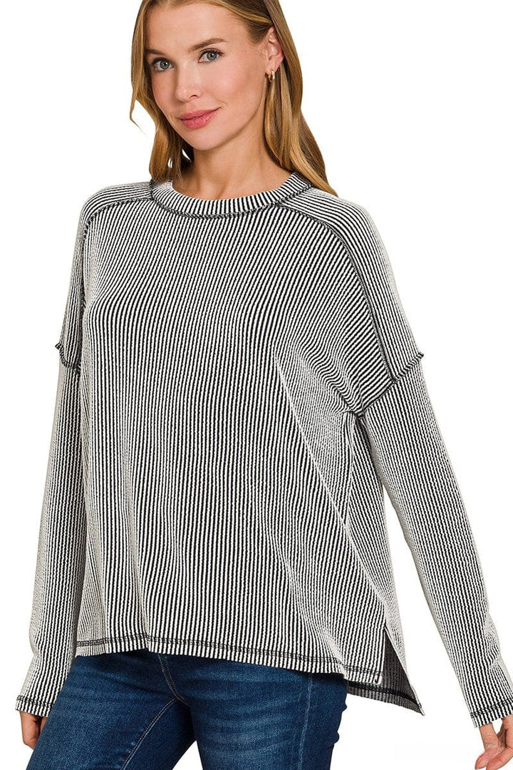 Zenana Textured Line Raw Edge Boat Neck Long Sleeve Top