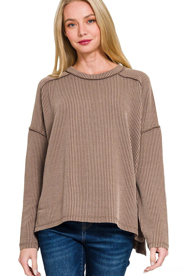 Zenana Textured Line Raw Edge Boat Neck Long Sleeve Top