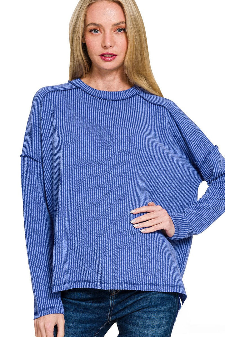 Zenana Textured Line Raw Edge Boat Neck Long Sleeve Top