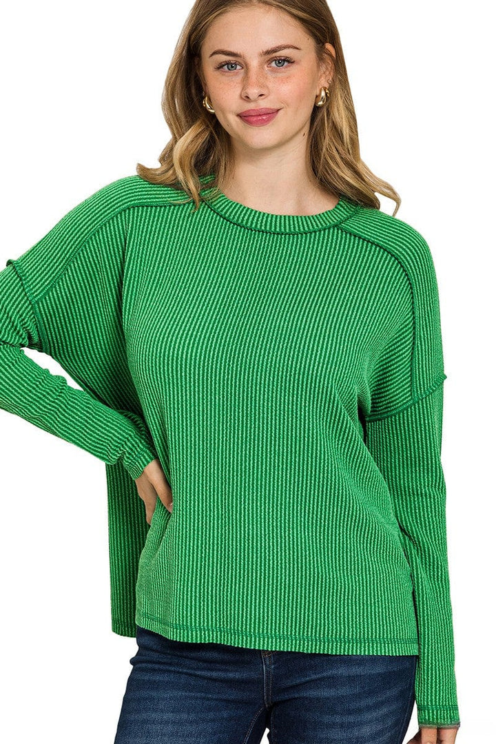 Zenana Textured Line Raw Edge Boat Neck Long Sleeve Top