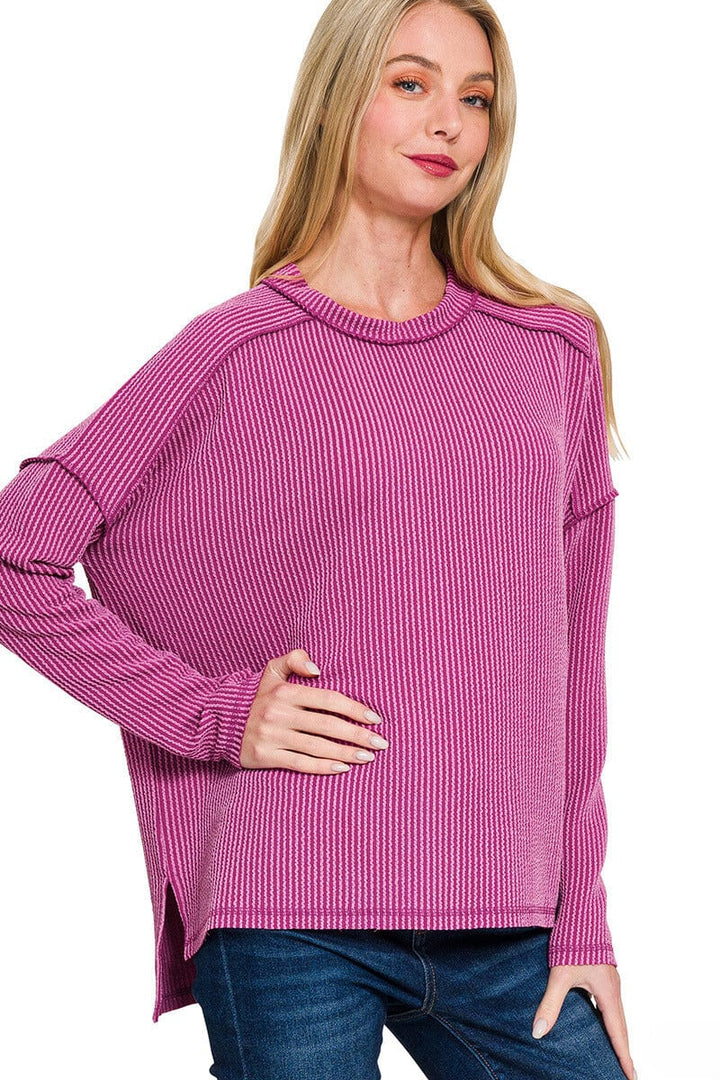 Zenana Textured Line Raw Edge Boat Neck Long Sleeve Top