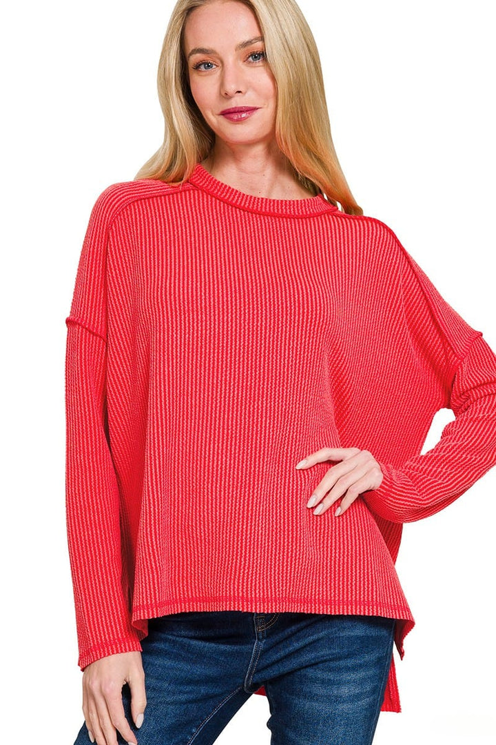 Zenana Textured Line Raw Edge Boat Neck Long Sleeve Top