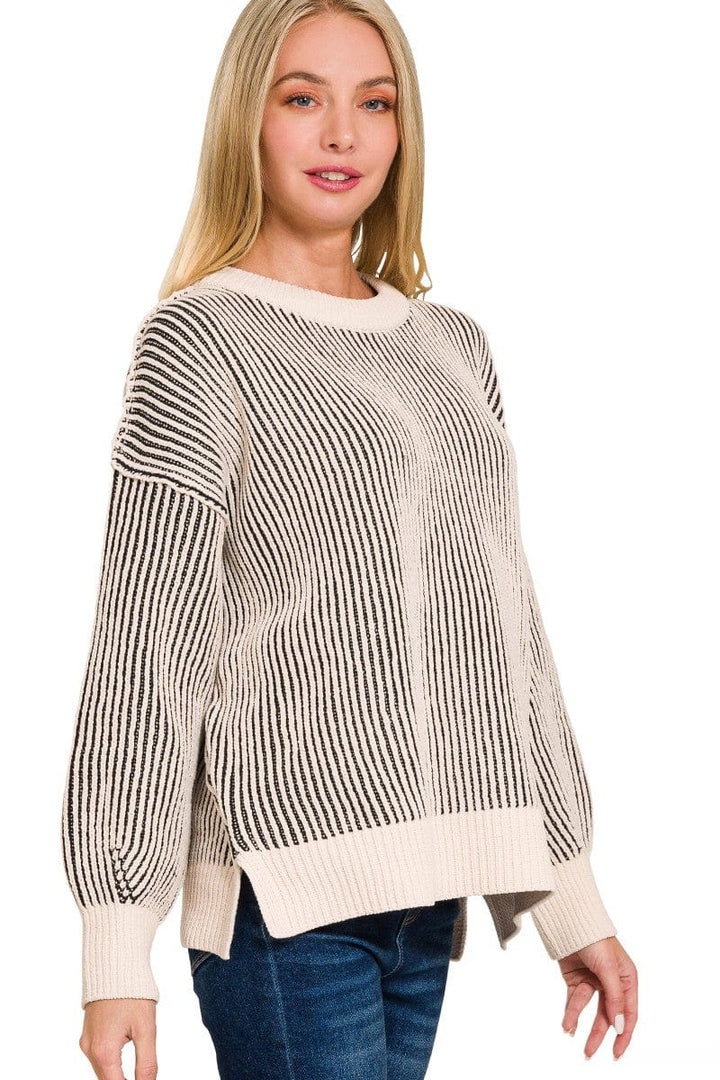 Zenana Two Tone Crew Neck Roomy Fit Sweater