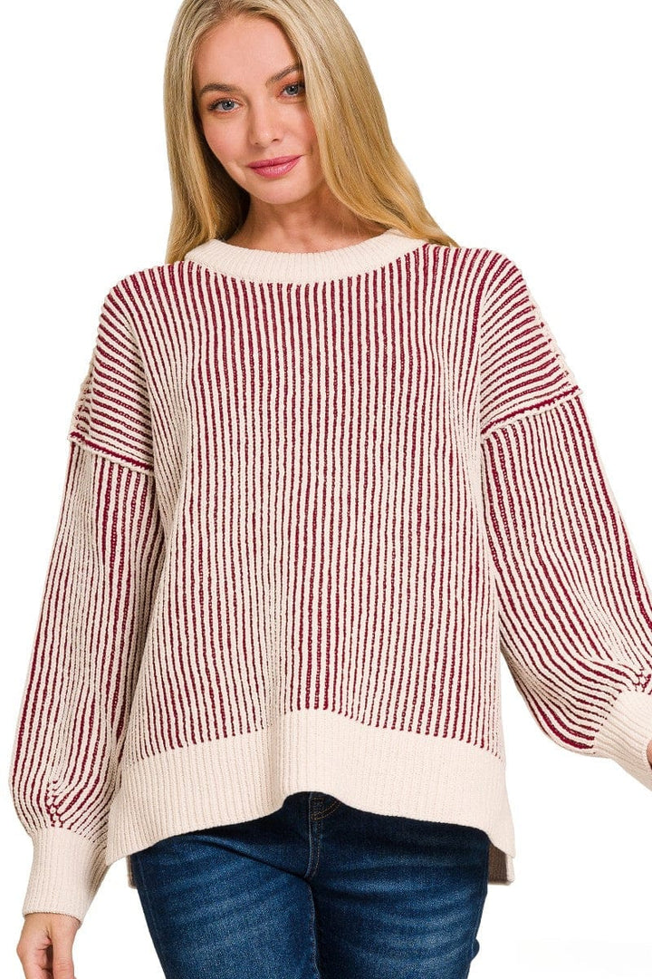 Zenana Two Tone Crew Neck Roomy Fit Sweater