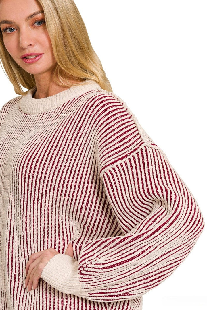 Zenana Two Tone Crew Neck Roomy Fit Sweater