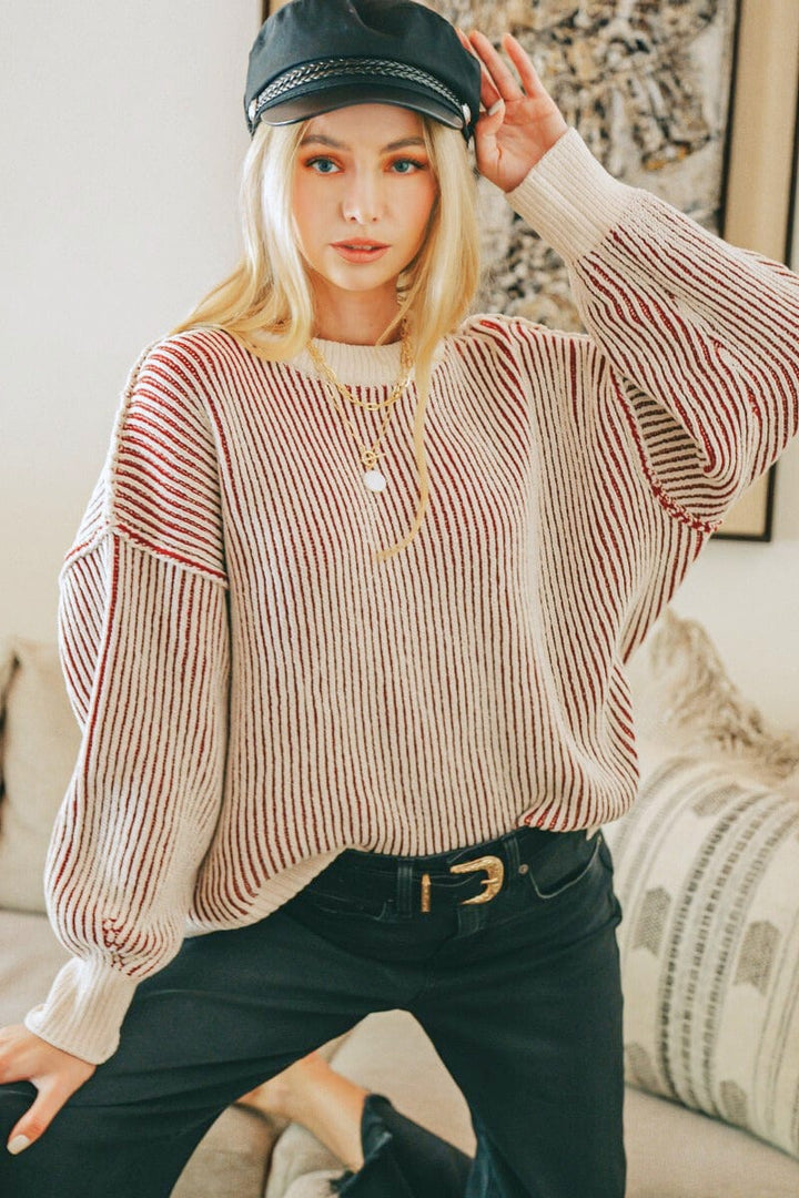 Zenana Two Tone Crew Neck Roomy Fit Sweater