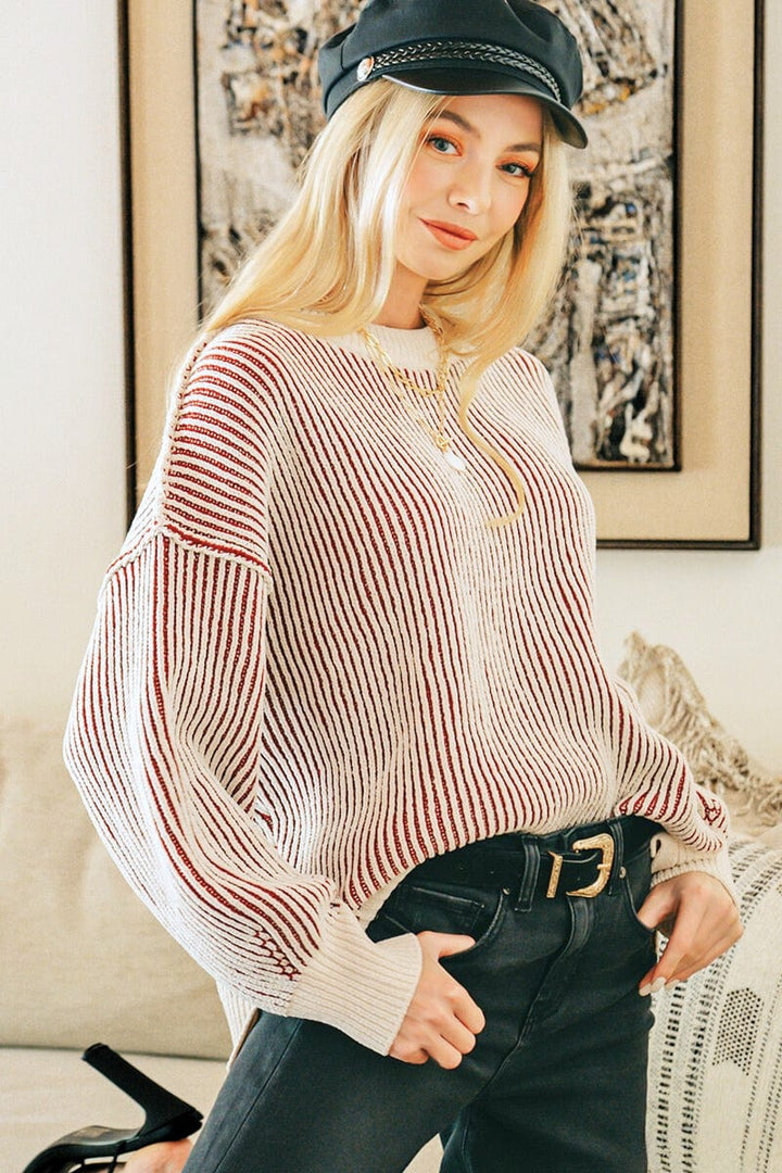 Zenana Two Tone Crew Neck Roomy Fit Sweater