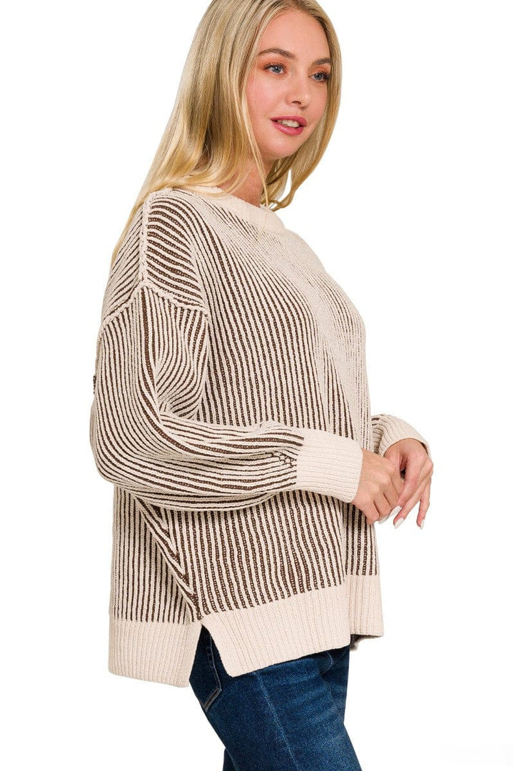 Zenana Two Tone Crew Neck Roomy Fit Sweater