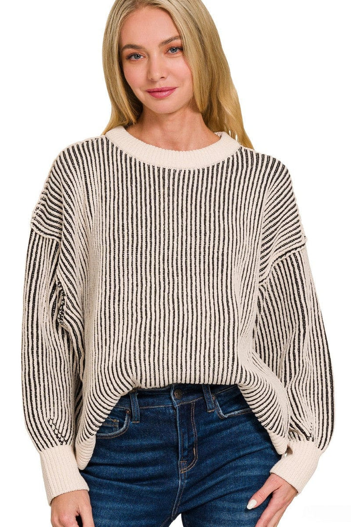 Zenana Two Tone Crew Neck Roomy Fit Sweater