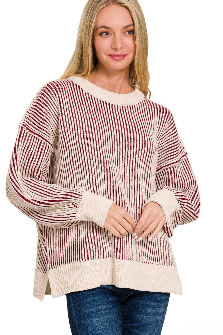 Zenana Two Tone Crew Neck Roomy Fit Sweater