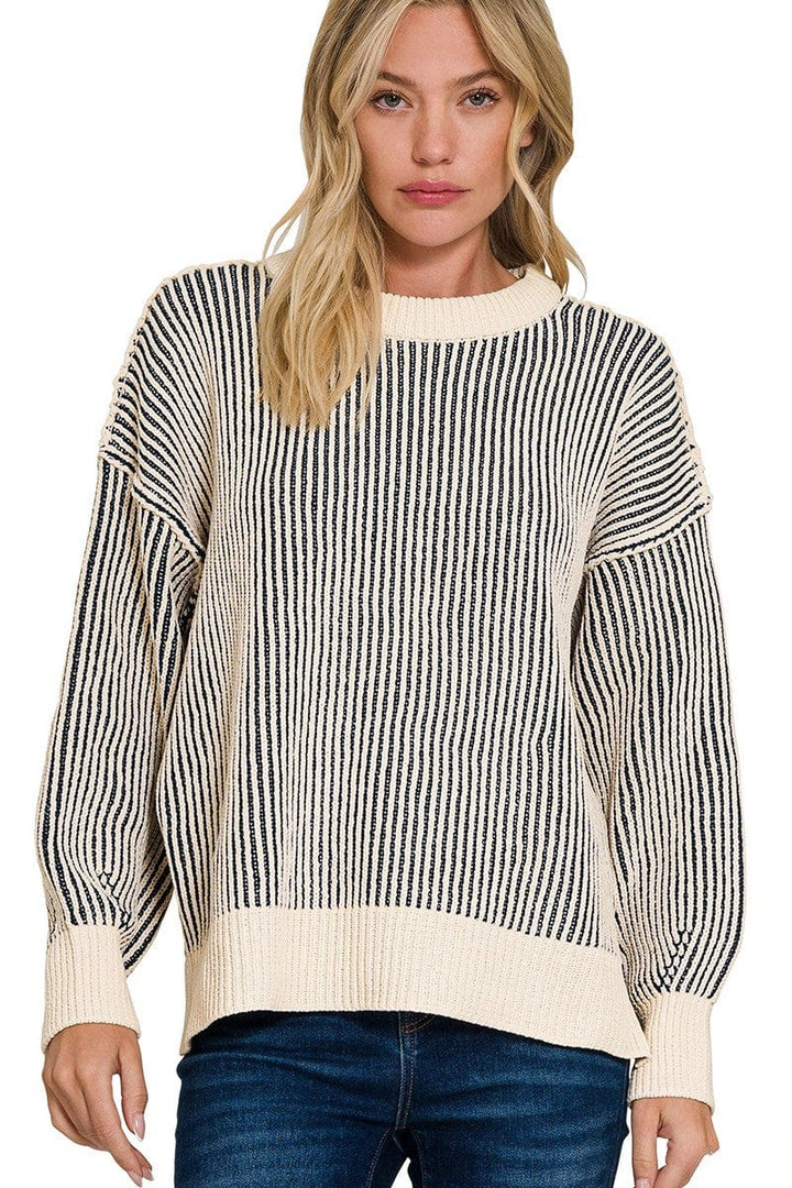 Zenana Two Tone Crew Neck Roomy Fit Sweater
