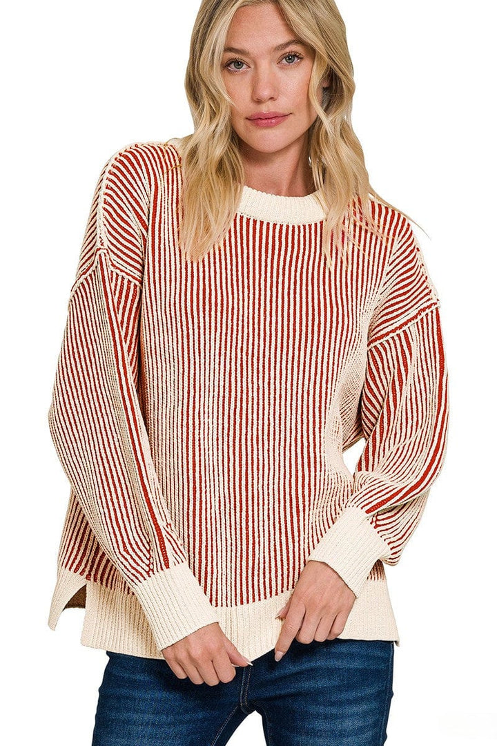 Zenana Two Tone Crew Neck Roomy Fit Sweater