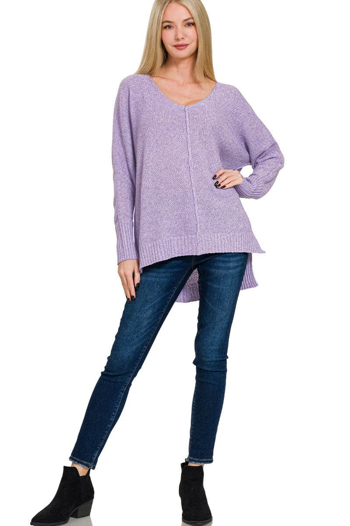 Zenana V-Neck Center Seam Hi-Low Split Side Sweater