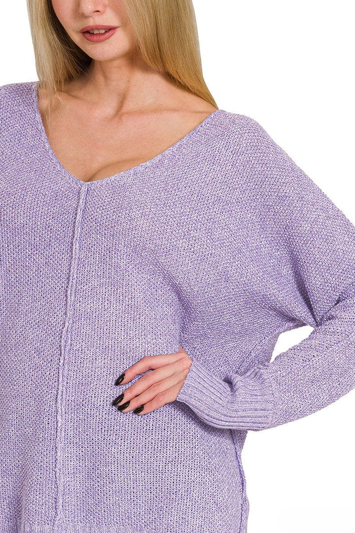 Zenana V-Neck Center Seam Hi-Low Split Side Sweater