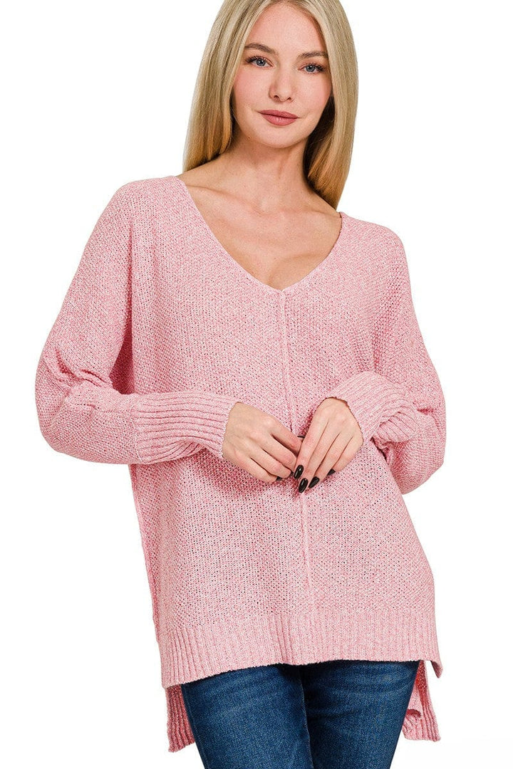 Zenana V-Neck Center Seam Hi-Low Split Side Sweater