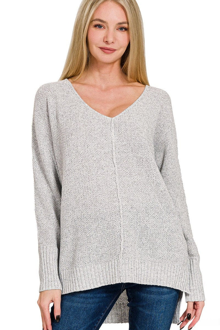 Zenana V-Neck Center Seam Hi-Low Split Side Sweater