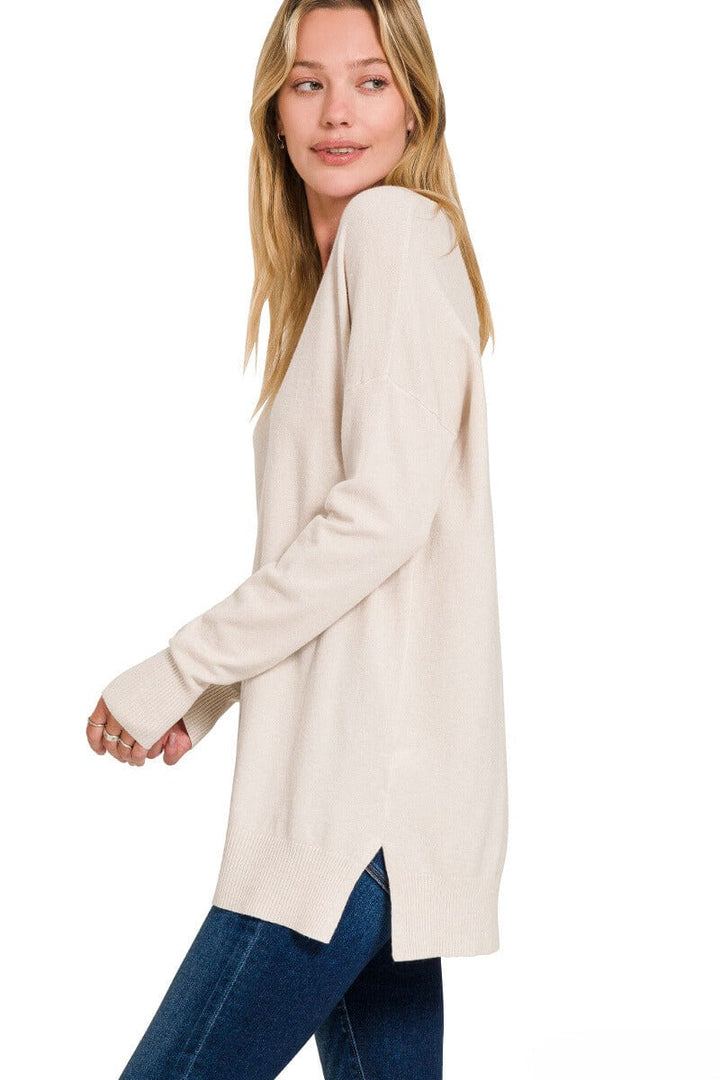 Zenana Viscose Front Seam V-Neck Sweater