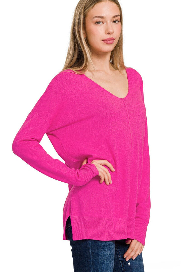 Zenana Viscose Front Seam V-Neck Sweater