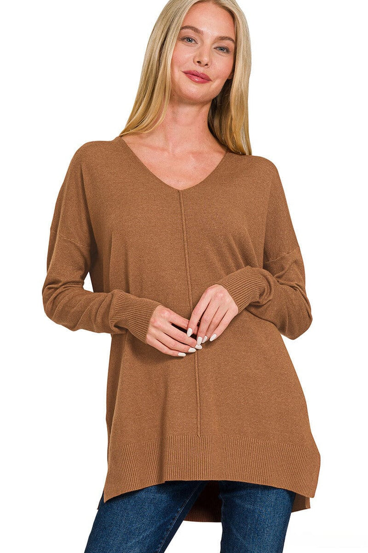 Zenana Viscose Front Seam V-Neck Sweater