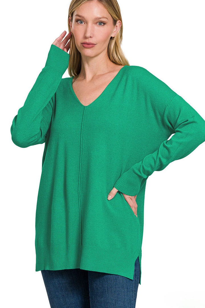 Zenana Viscose Front Seam V-Neck Sweater