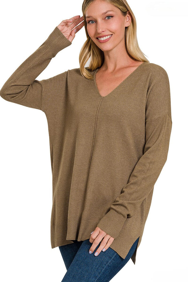 Zenana Viscose Front Seam V-Neck Sweater