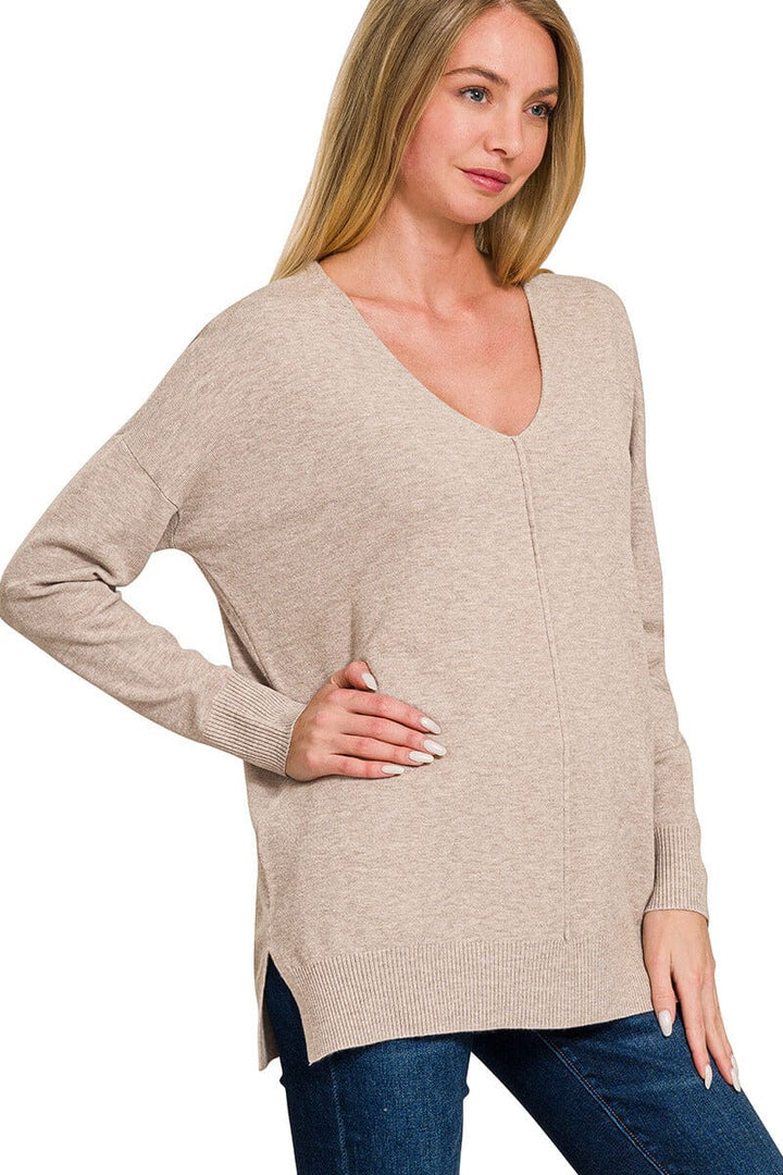 Zenana Viscose Front Seam V-Neck Sweater