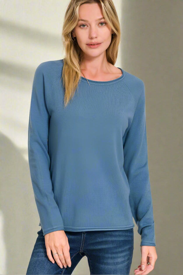 Zenana Viscose Round Neck Basic Sweater with Unfolded Hems