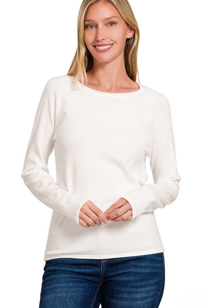 Zenana Viscose Round Neck Basic Sweater with Unfolded Hems