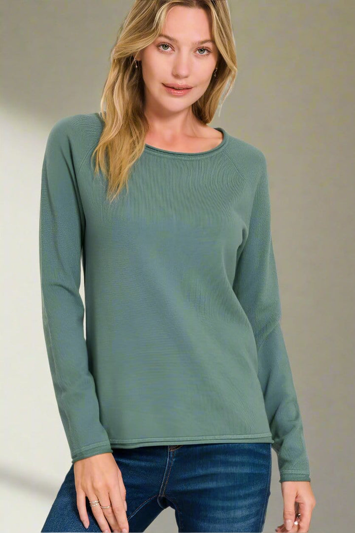 Zenana Viscose Round Neck Basic Sweater with Unfolded Hems