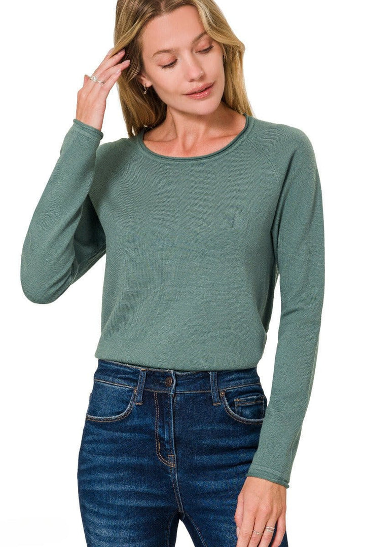 Zenana Viscose Round Neck Basic Sweater with Unfolded Hems