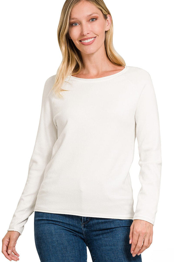 Zenana Viscose Round Neck Basic Sweater with Unfolded Hems