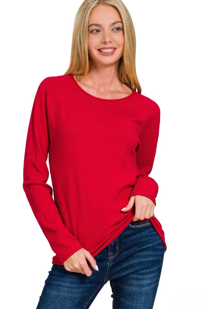 Zenana Viscose Round Neck Basic Sweater with Unfolded Hems