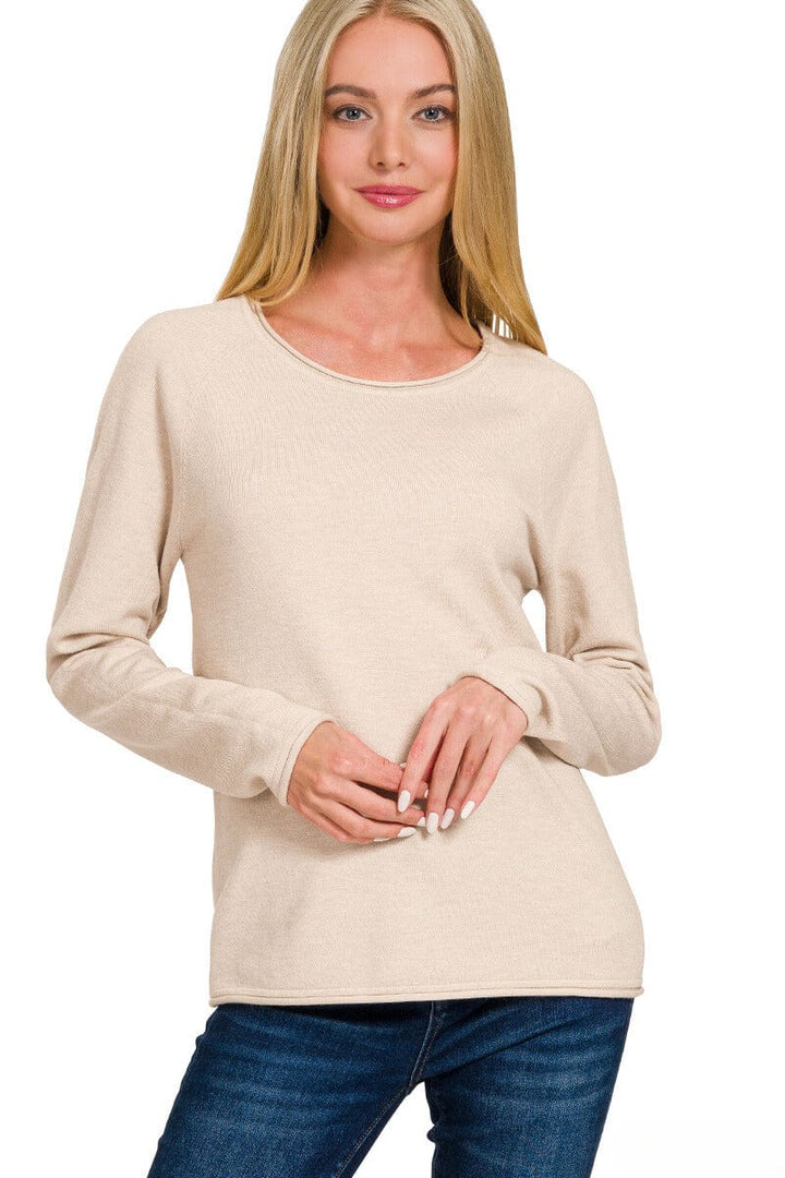 Zenana Viscose Round Neck Basic Sweater with Unfolded Hems