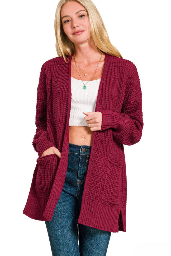 Zenana Waffle Knit Open Cardigan Sweater with Pockets