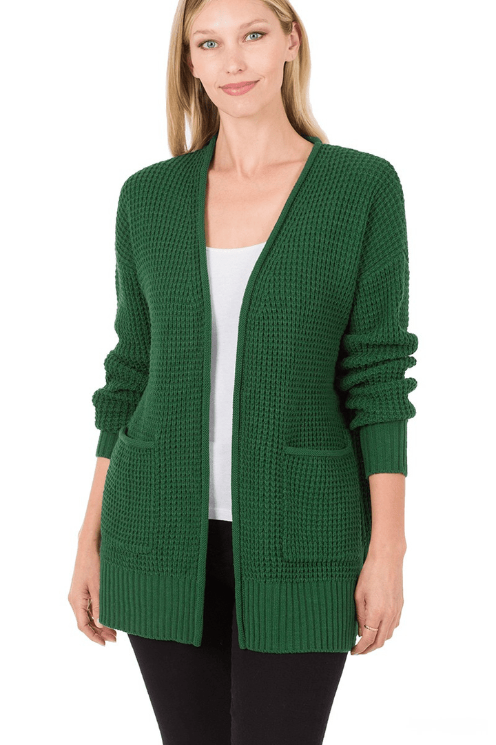 Zenana Waffle Knit Open Cardigan Sweater with Pockets