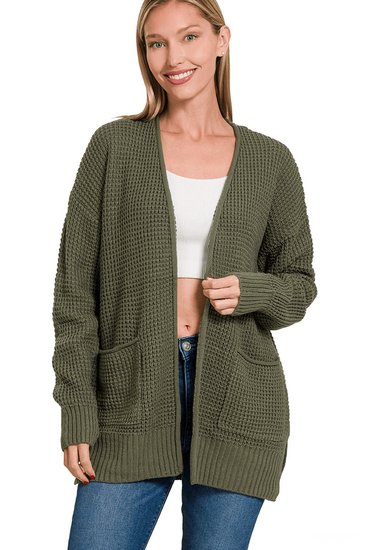 Zenana Waffle Knit Open Cardigan Sweater with Pockets