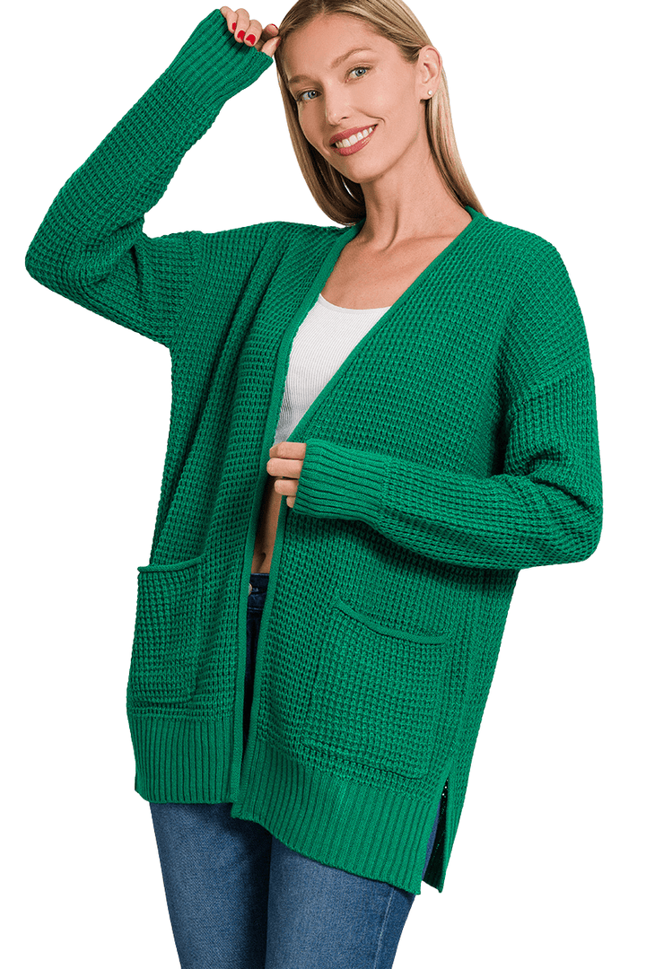 Zenana Waffle Knit Open Cardigan Sweater with Pockets