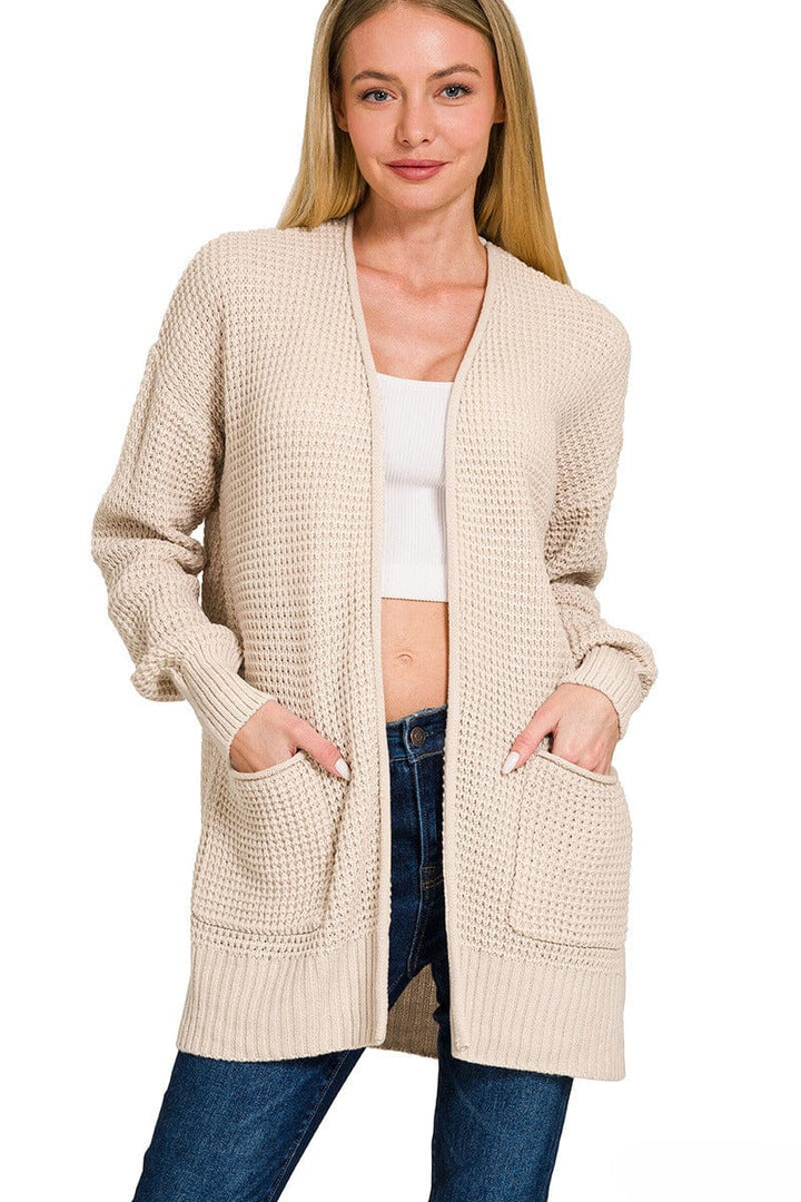 Zenana Waffle Knit Open Cardigan Sweater with Pockets