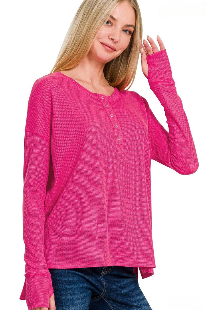 Zenana Waffle Thumb Hole Cuffs Long Sleeve Hi-Low Henley Tee