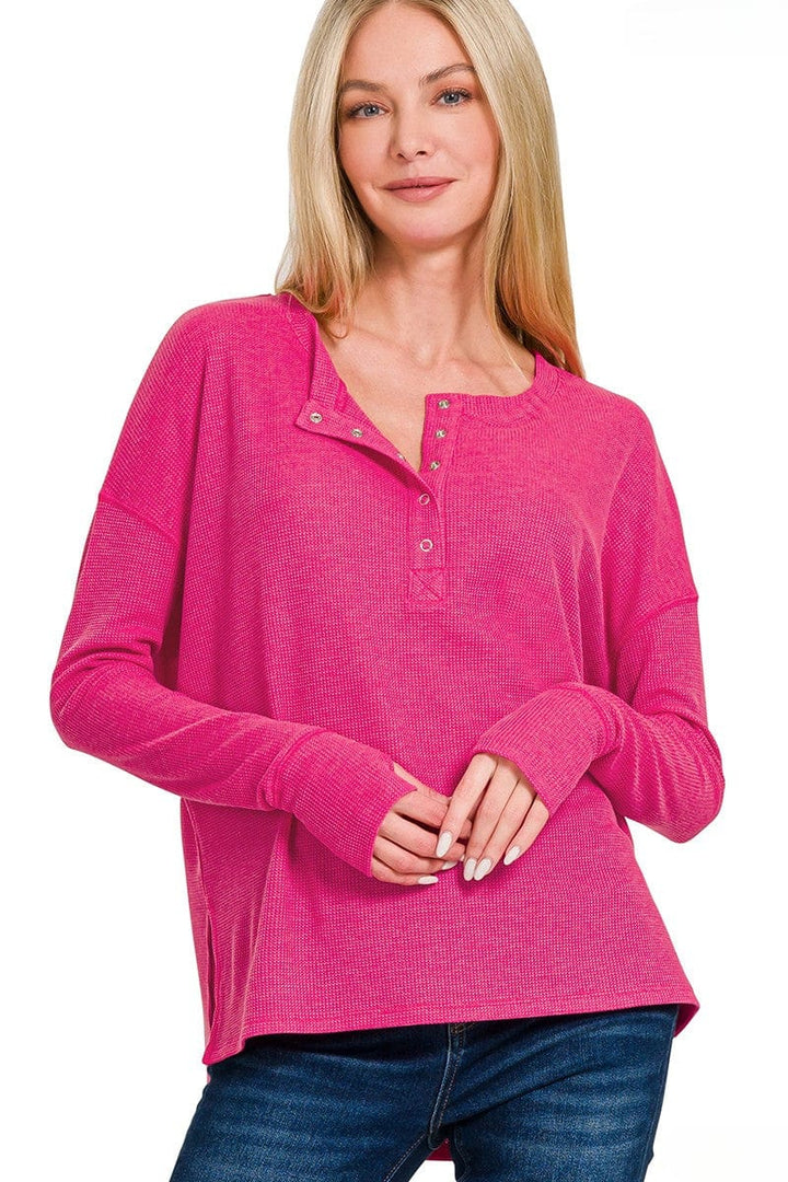 Zenana Waffle Thumb Hole Cuffs Long Sleeve Hi-Low Henley Tee